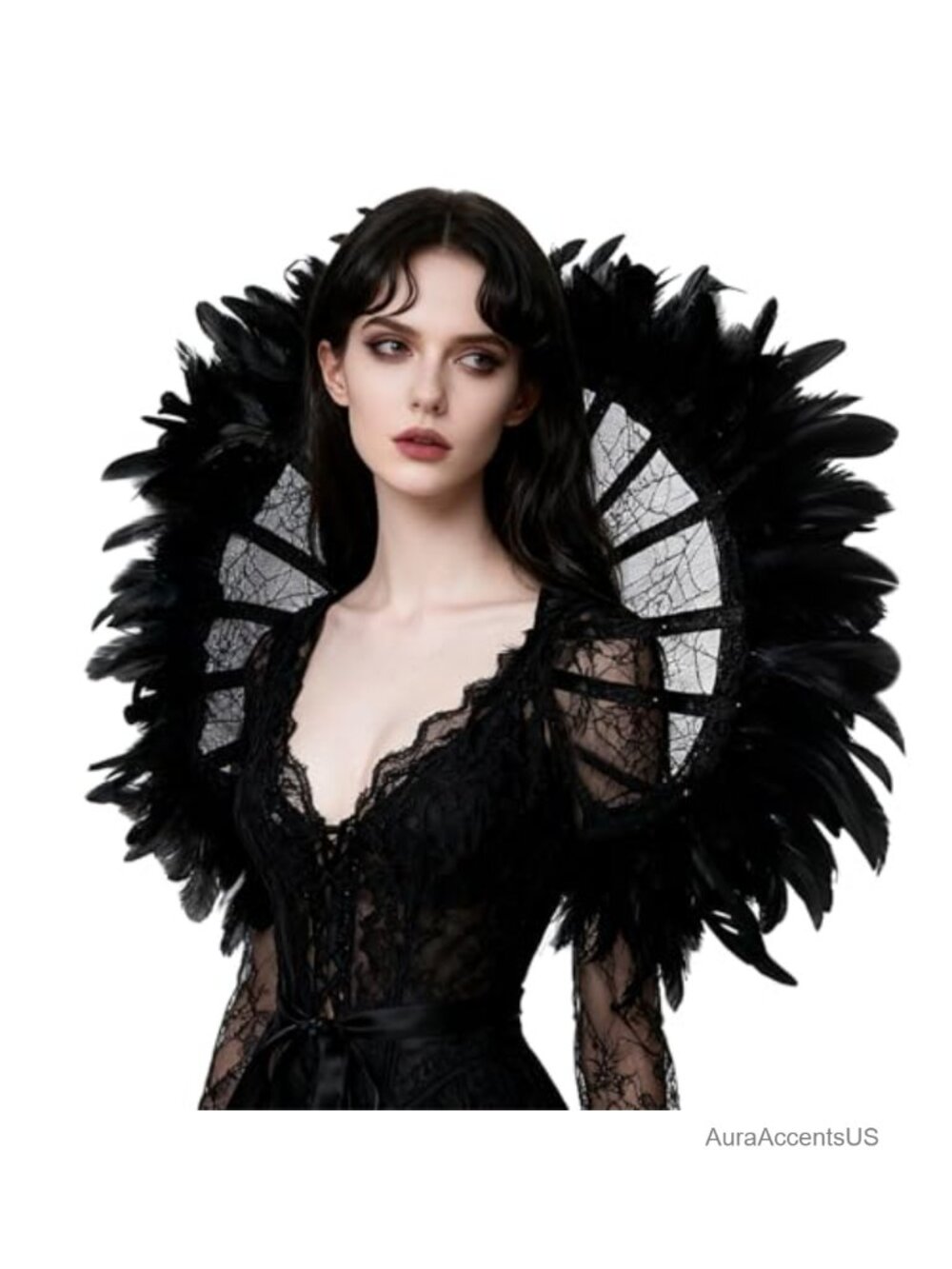 Victorian Gothic Lace Vampire Collar with Real Feathers
